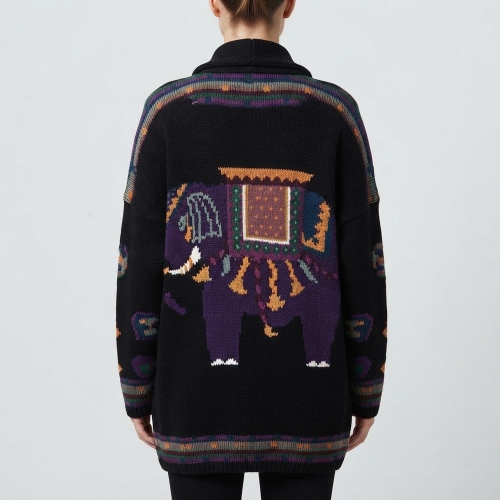 Vintage Harold's Elephant Cardigan Sweater M/L Black Cotton Knit Shawl Unisex
